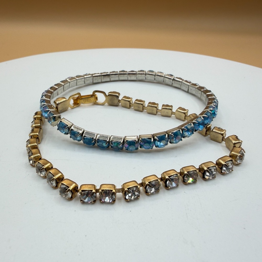 Rhinestone Bracelets Lot 2 Blue Clear Stretch Tennis Gold & Silver Tone Vintage